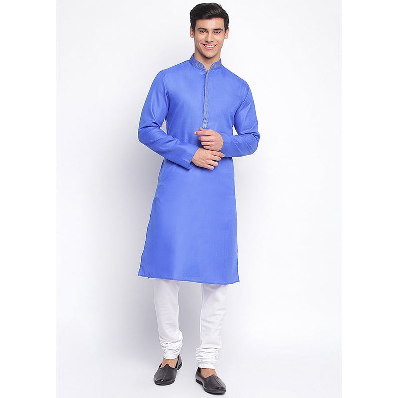 2 Pc Blue Solid Cotton Kurta Pajama Set - JD986590117