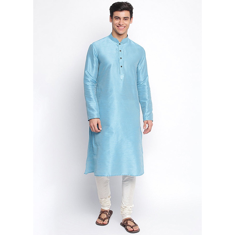 2 Pc Blue Solid Silk Kurta Pajama Set - JD986590118