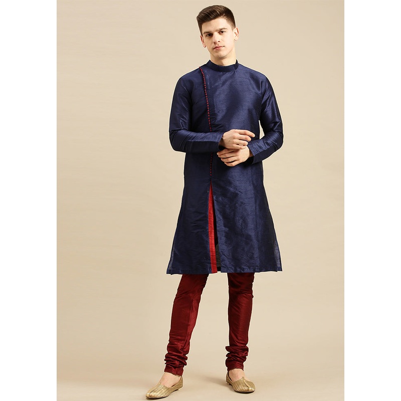2 Pc Blue Solid Silk Kurta Pajama Set - JD986590130