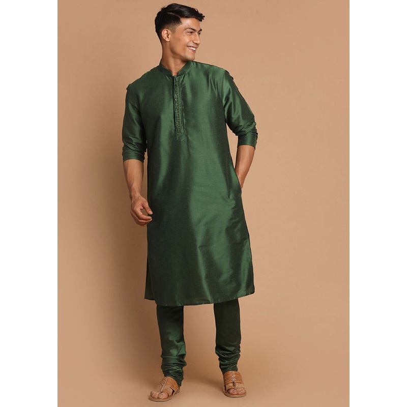 2 Pc Bottle Green Cotton Kurta Pajama Set - JD986590183