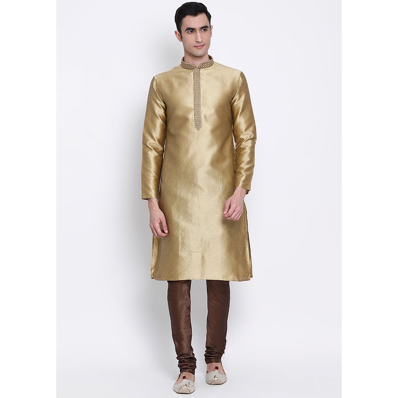 2 Pc Brown Woven Silk Kurta Pajama Set - JD986590103
