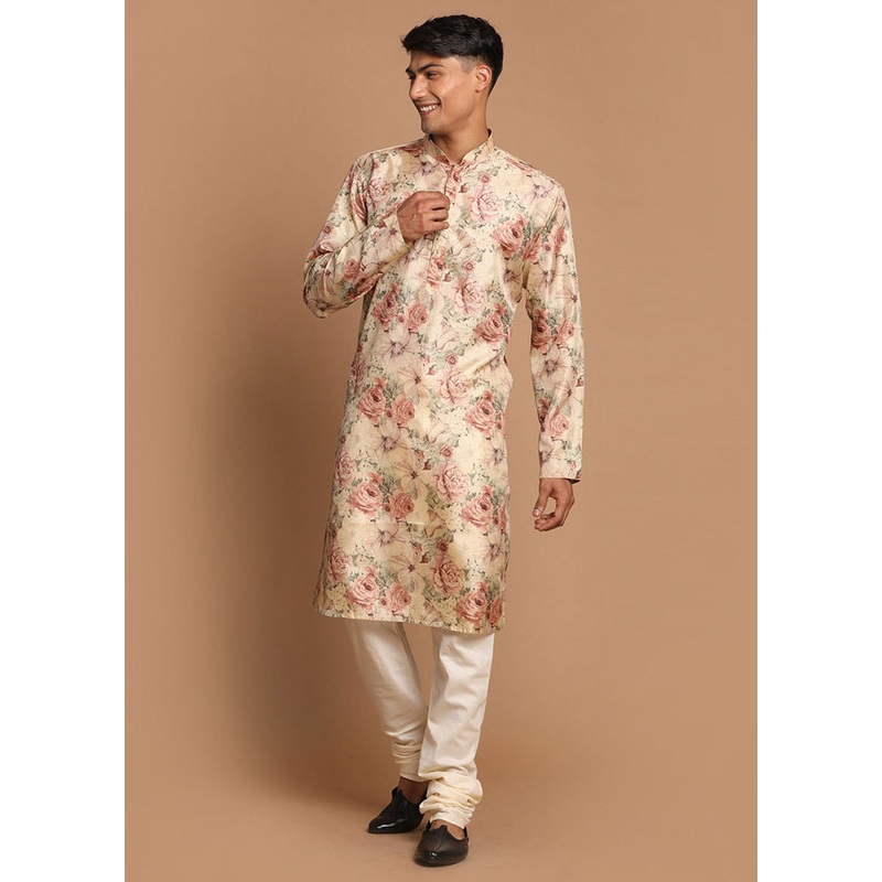 2 Pc Cream Dupion Silk Kurta Pajama Set - JD986590201