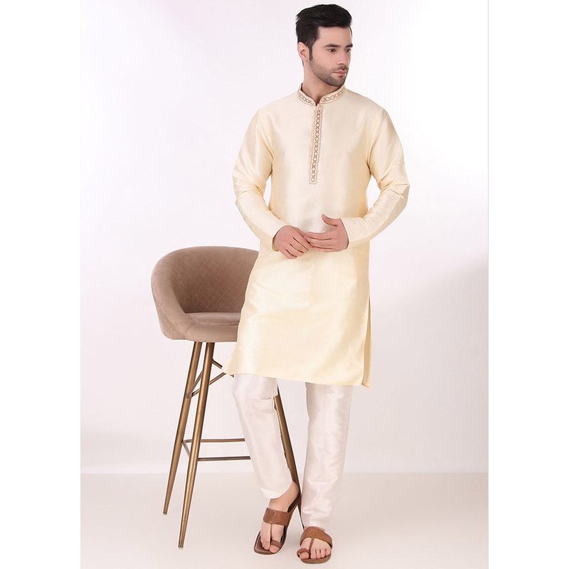 2 Pc Cream Silk Kurta Pajama Set - JD986590151