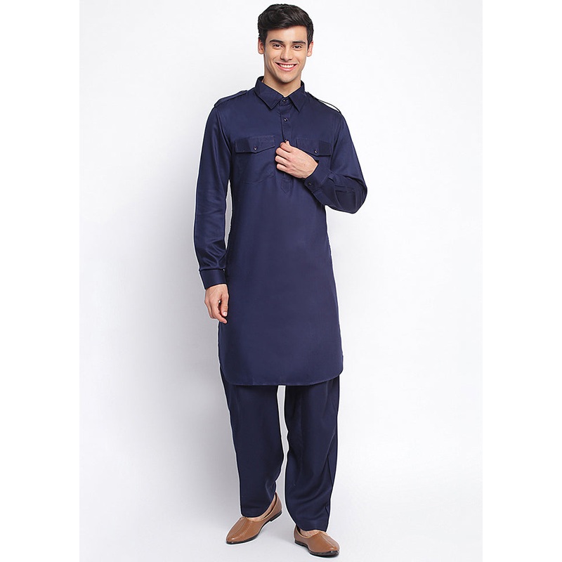 2 Pc Deep Blue Solid Cotton Kurta Pajama Set - JD986590135