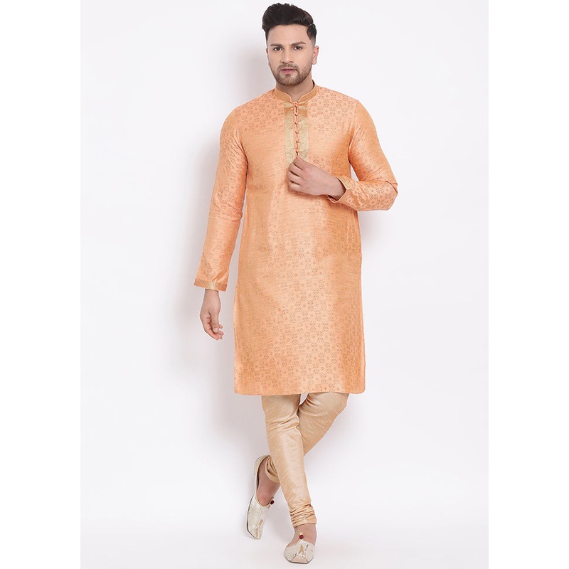 2 Pc Deep Orange Woven Silk Kurta Pajama Set - JD986590109