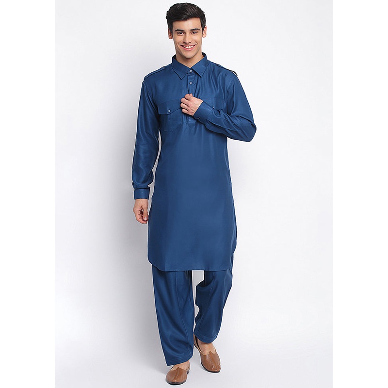 2 Pc Denim Blue Solid Cotton Kurta Pajama Set - JD986590136