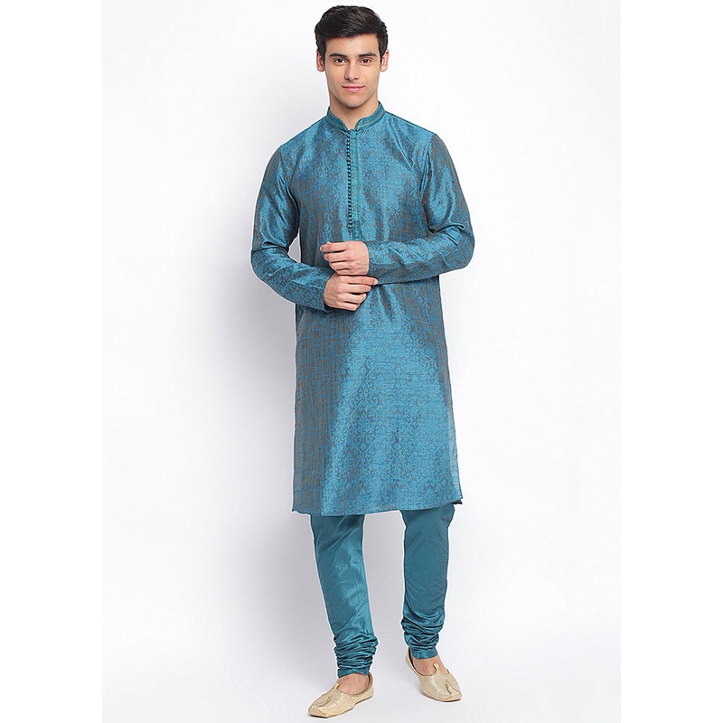 2 Pc Firozi Woven Silk Kurta Pajama Set - JD986590119