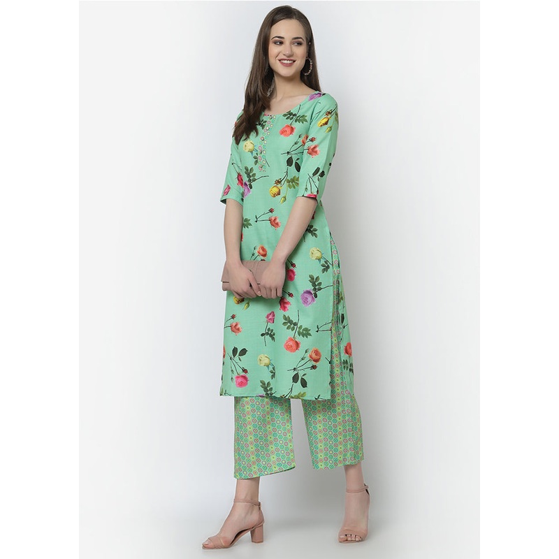 2 Pc Green Cotton Digital Print Kurti Set - JD986590211
