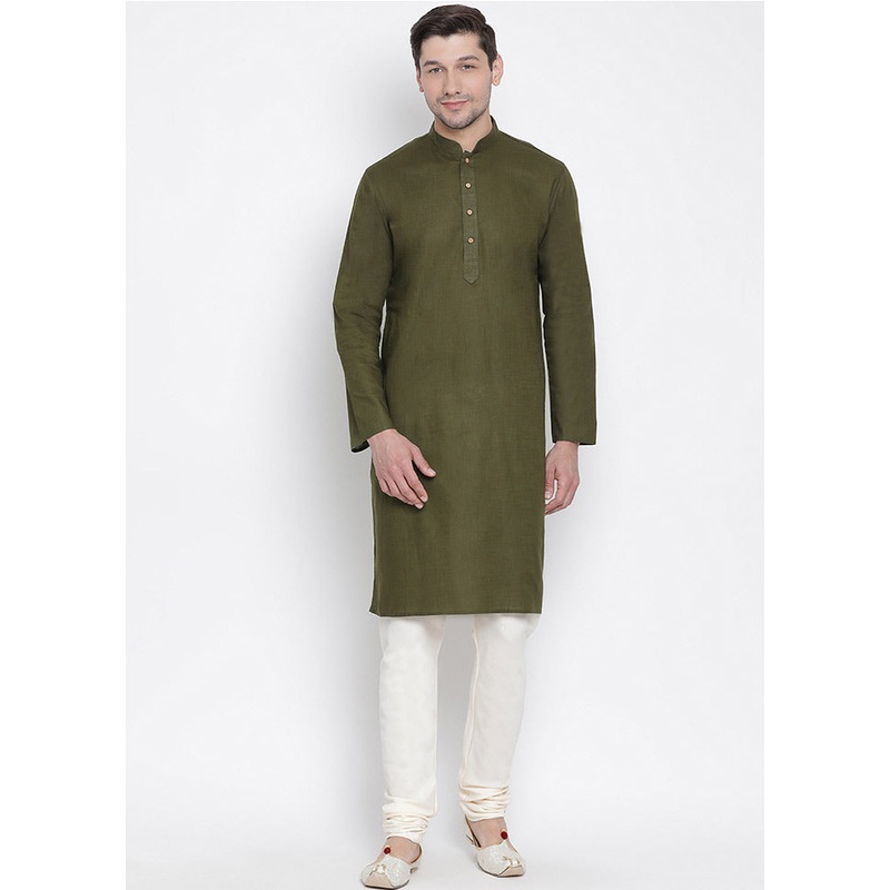 2 Pc Green Cotton Kurta With Beige Churidar - JD986590170