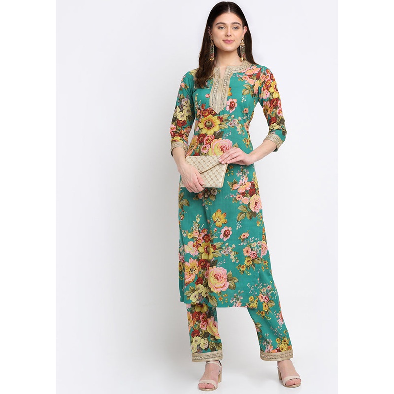 2 Pc Green Straight Cotton Kurti Set - JD986590243