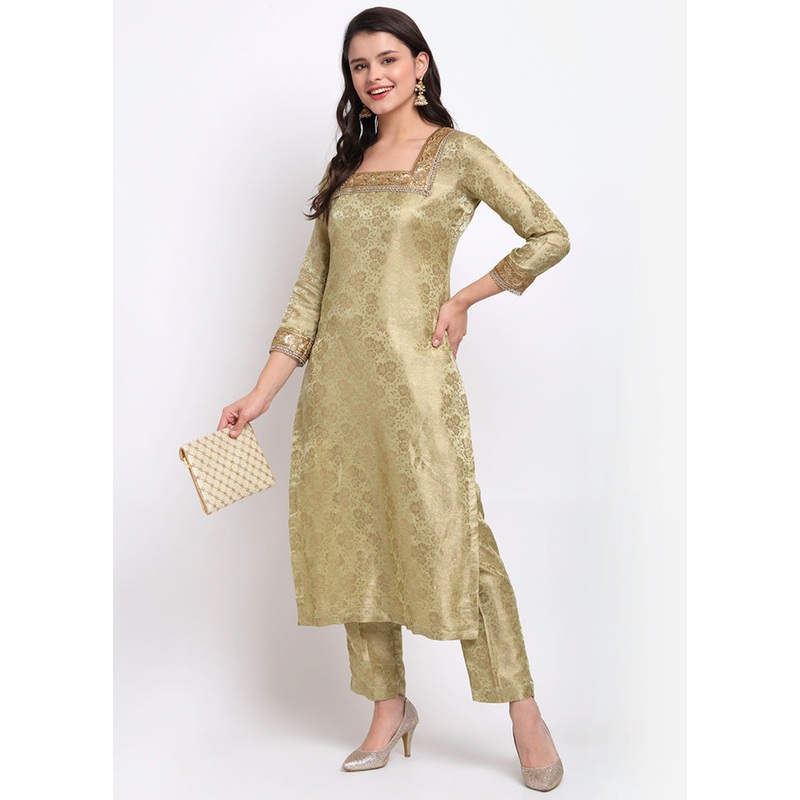 2 Pc Green Straight Readymade Silk Kurti Set - JD986590252