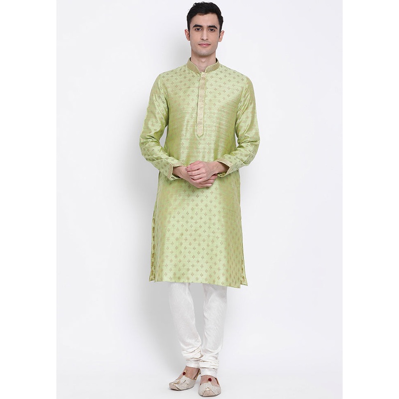 2 Pc Green Woven Cotton Kurta Pajama Set - JD986590097