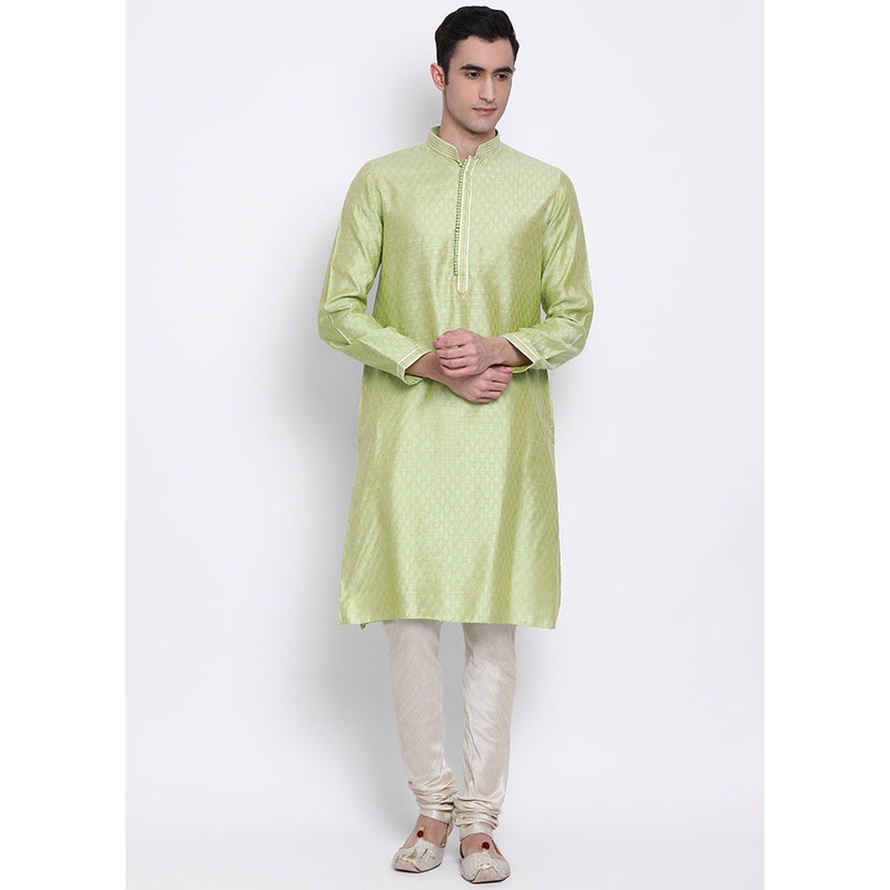2 Pc Green Woven Silk Kurta Pajama Set - JD986590110