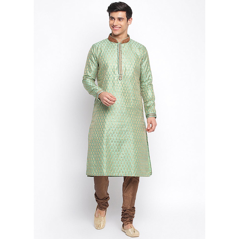 2 Pc Green Woven Silk Kurta Pajama Set - JD986590122