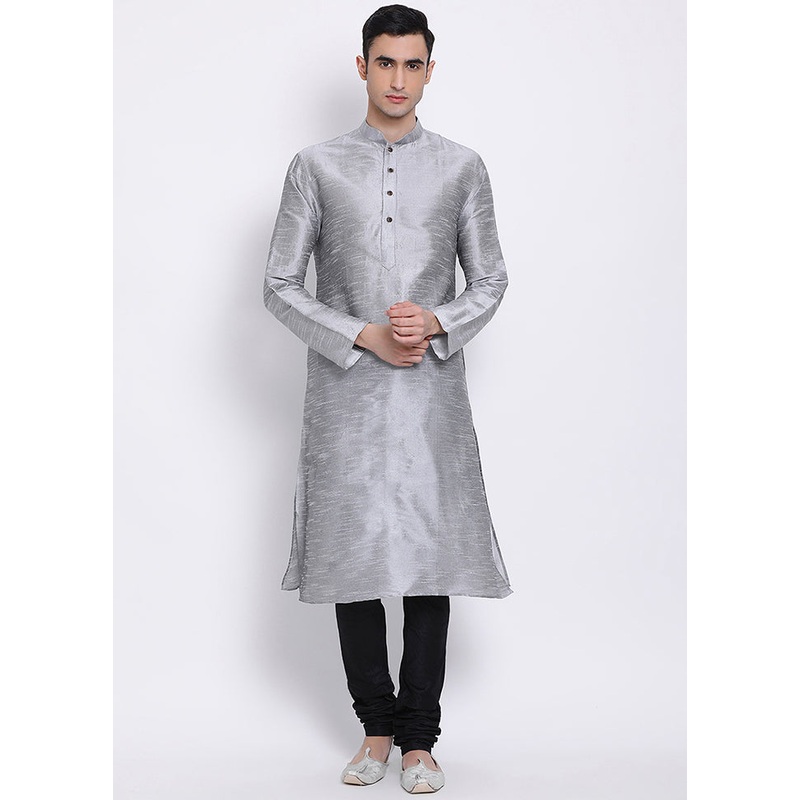 2 Pc Grey Solid Silk Kurta Pajama Set - JD986590095