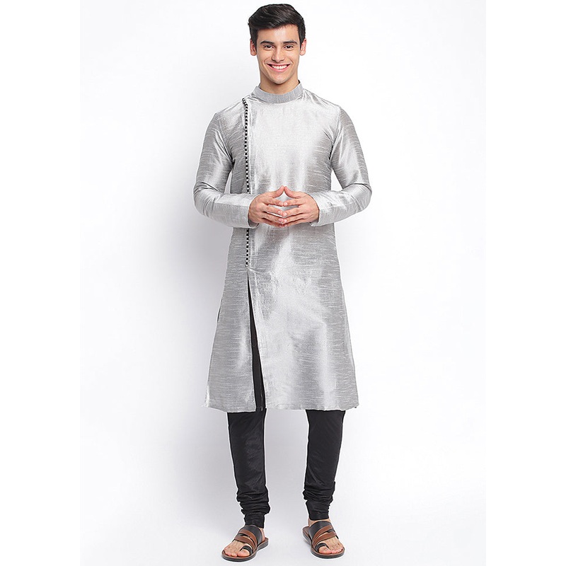 2 Pc Grey Solid Silk Kurta Pajama Set - JD986590134