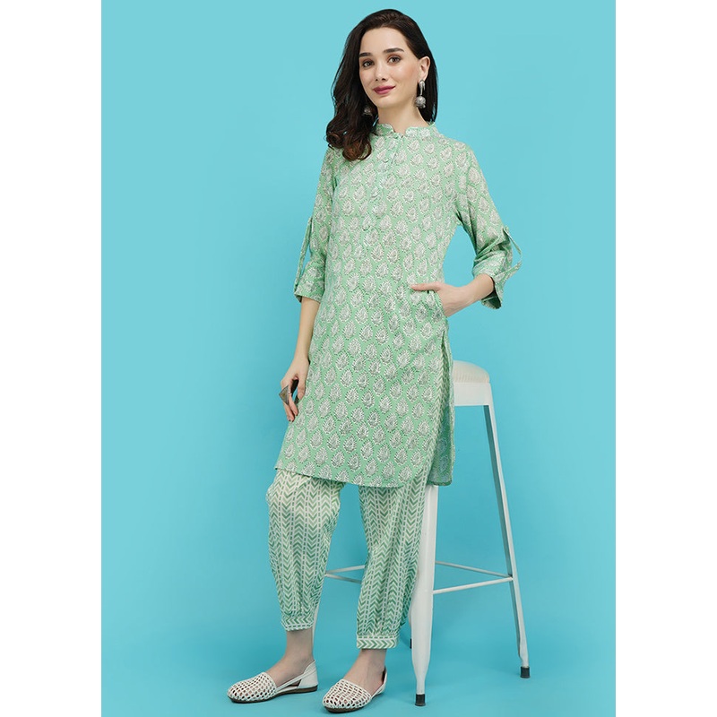 2 Pc Light Green Cotton Printed Kurti Set - JD986590267