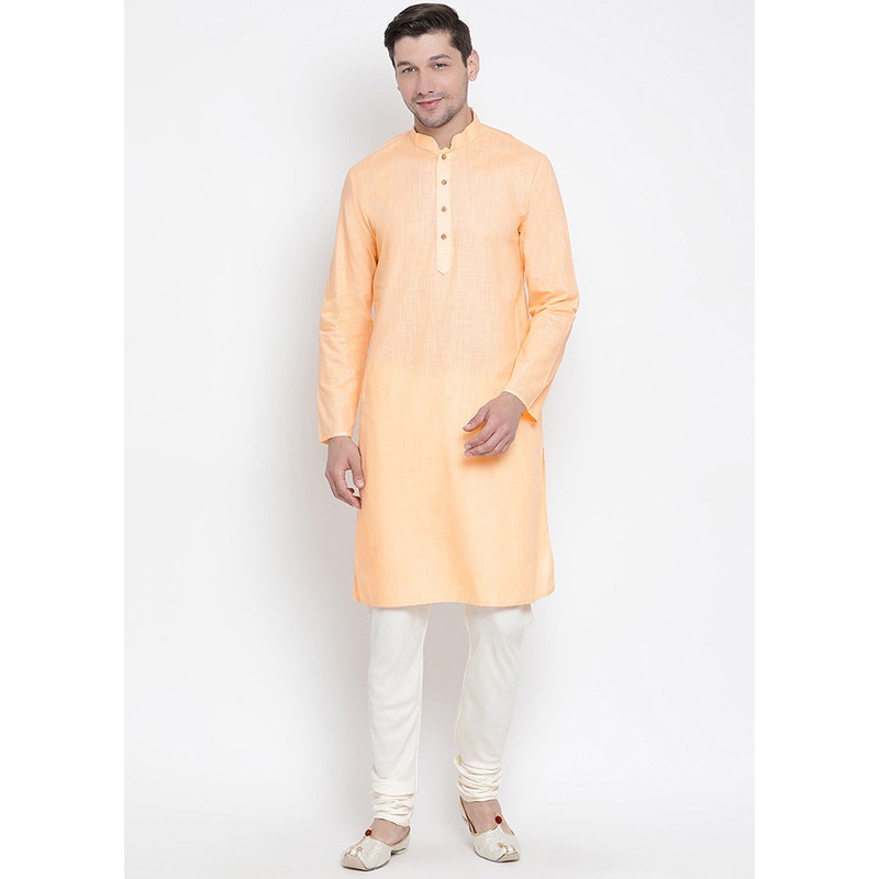 2 Pc Light Orange Cotton Kurta With Beige Churidar - JD986590163