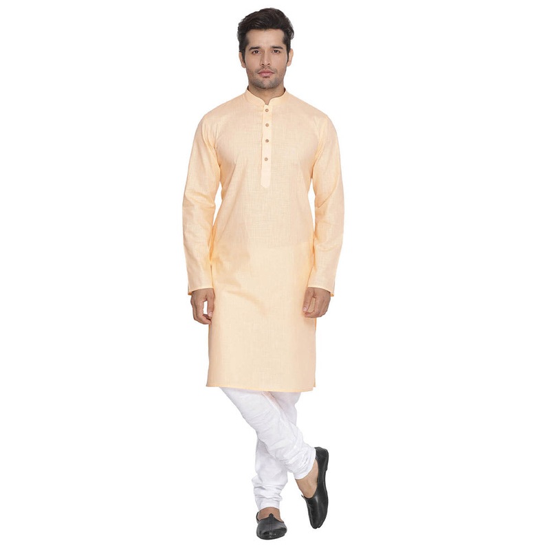 2 Pc Light Orange Cotton Kurta With White Churidar - JD986590162