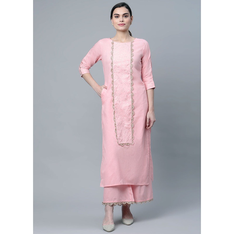2 Pc Light Pink Cotton Straight Kurti Set - JD986590221