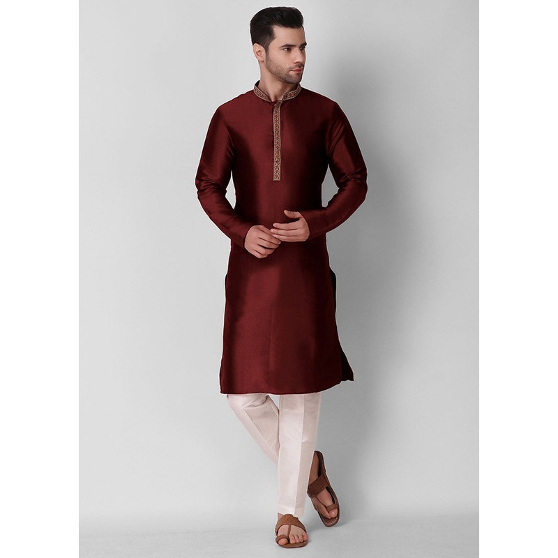 2 Pc Maroon Silk Kurta Pajama Set - JD986590150