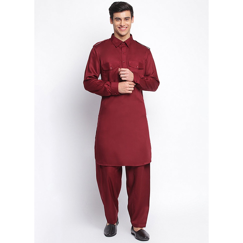 2 Pc Maroon Solid Cotton Kurta Pajama Set - JD986590137