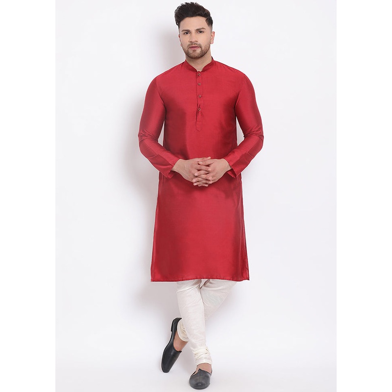 2 Pc Maroon Solid Dupion Silk Kurta Pajama Set - JD986590106