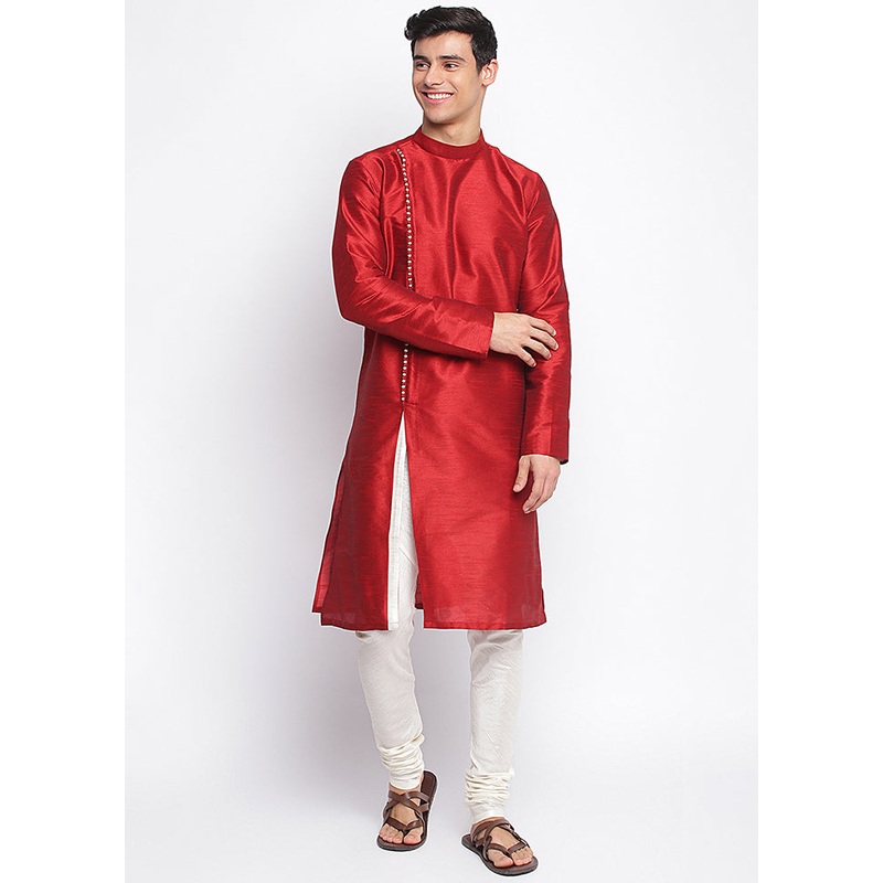 2 Pc Maroon Solid Silk Kurta Pajama Set - JD986590133