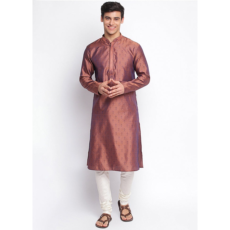 2 Pc Mauve Woven Silk Kurta Pajama Set - JD986590128