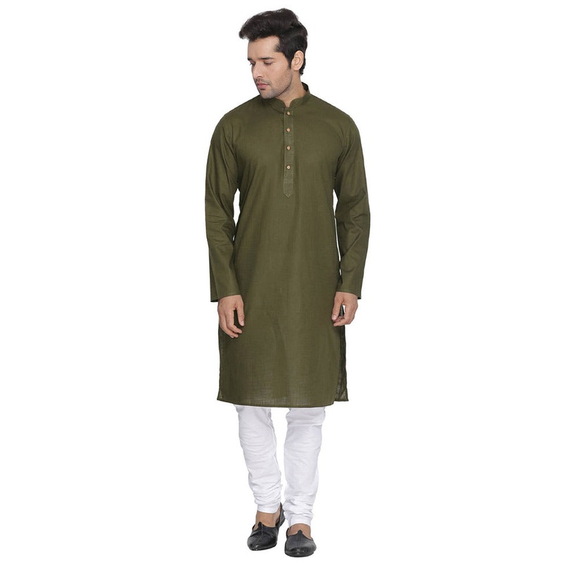 2 Pc Mehendi Cotton Kurta With White Churidar - JD986590169