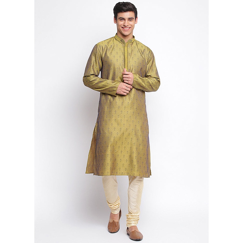 2 Pc Mehendi Woven Silk Kurta Pajama Set - JD986590126