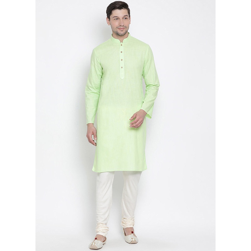 2 Pc Mint Green Cotton Kurta With Beige Churidar - JD986590168