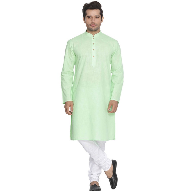 2 Pc Mint Green Cotton Kurta With White Churidar - JD986590167