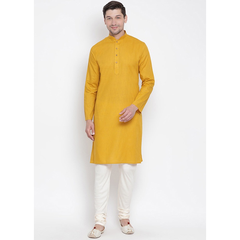 2 Pc Mustard Cotton Kurta With Beige Churidar - JD986590166