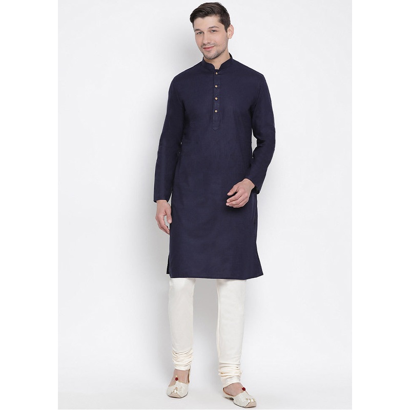 2 Pc Navy Blue Cotton Kurta With Beige Churidar - JD986590172