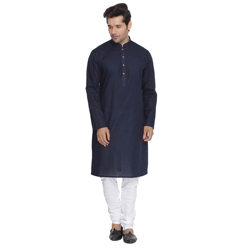 2 Pc Navy Blue Cotton Kurta With White Churidar - JD986590171