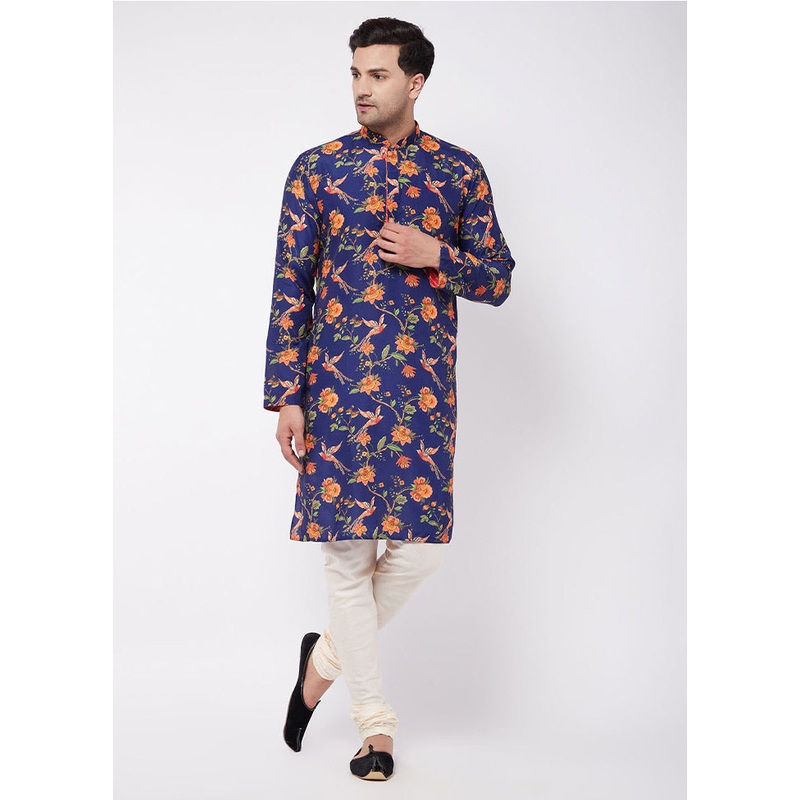 2 Pc Navy Blue Dupion Silk Kurta Pajama Set - JD986590199