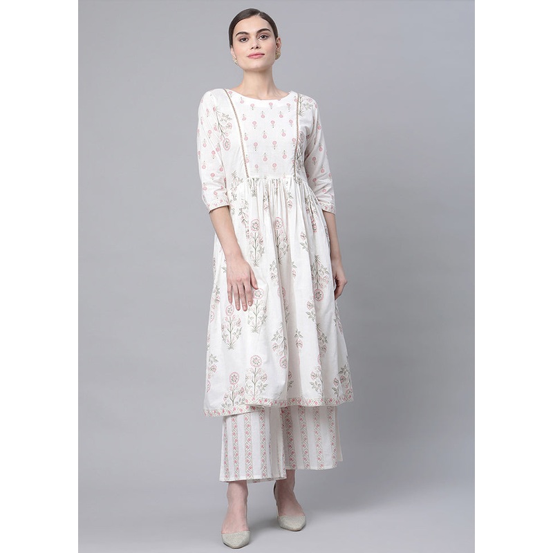 2 Pc Off White Cotton Anarkali Kurti Set - JD986590224