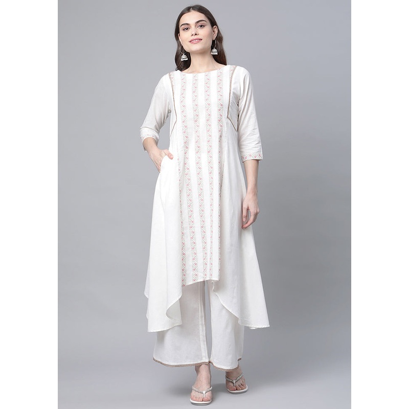 2 Pc Off White Cotton High Low Hem Kurti Set - JD986590220