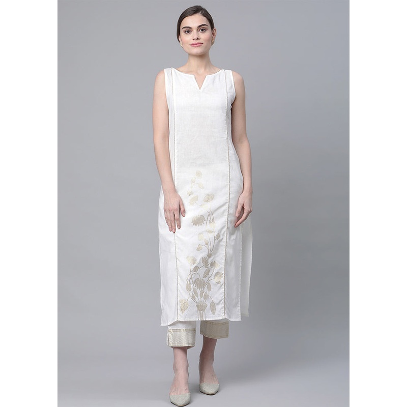 2 Pc Off White Cotton Straight Kurti Set - JD986590218