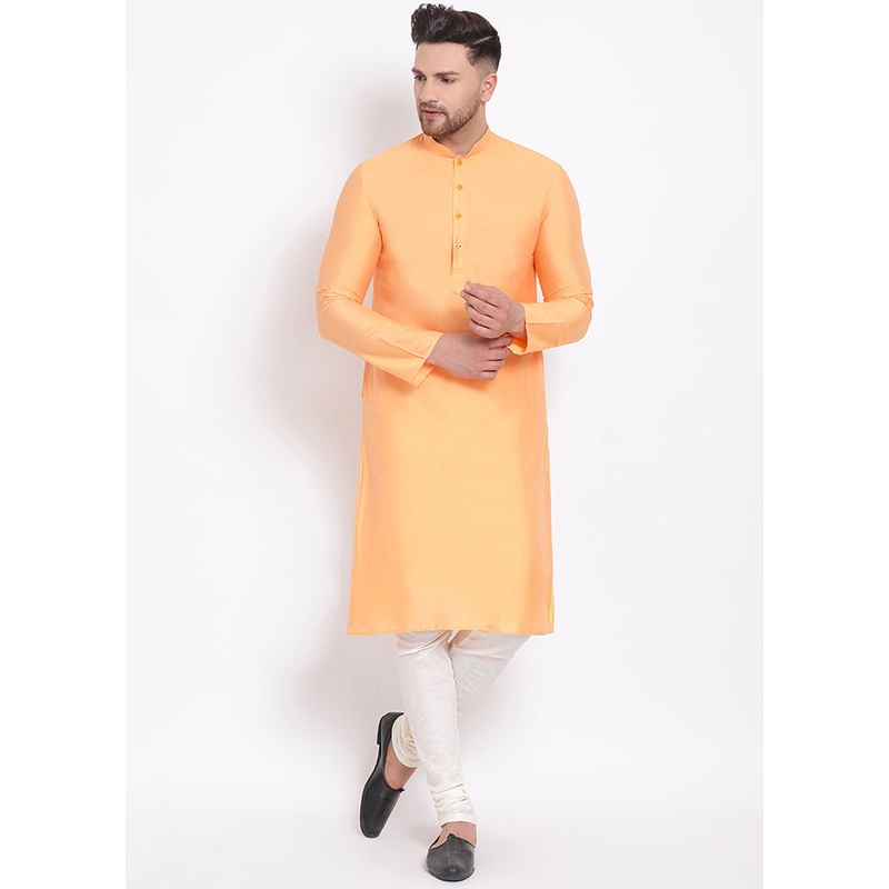 2 Pc Orange Solid Dupion Silk Kurta Pajama Set - JD986590107