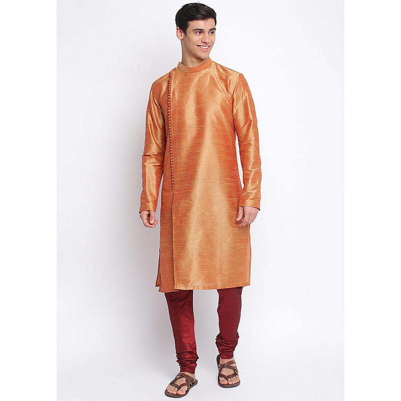 2 Pc Orange Solid Silk Kurta Pajama Set - JD986590132