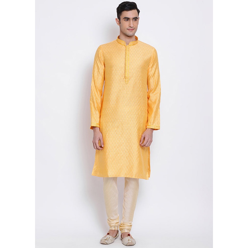 2 Pc Orange Woven Silk Kurta Pajama Set - JD986590111