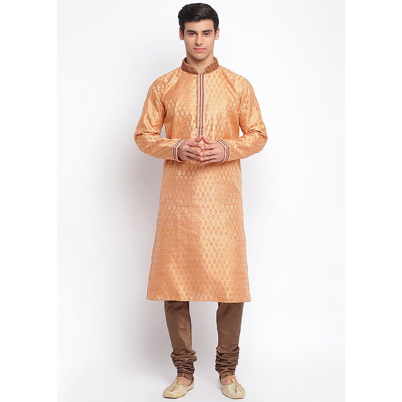 2 Pc Orange Woven Silk Kurta Pajama Set - JD986590123