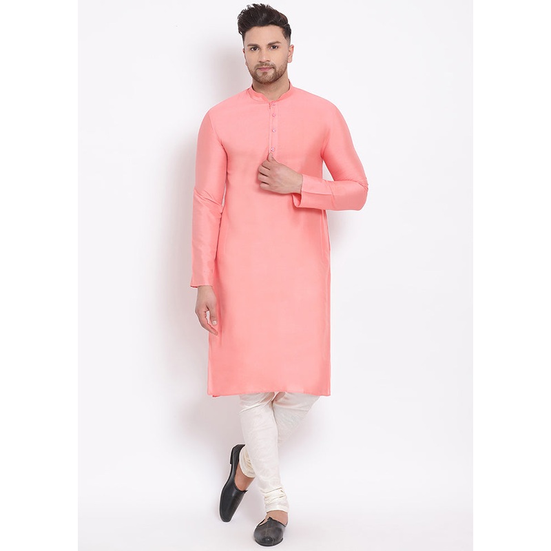 2 Pc Peach Solid Dupion Silk Kurta Pajama Set - JD986590104