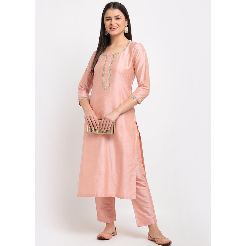 2 Pc Peach Straight Readymade Cotton Kurti Set - JD986590250