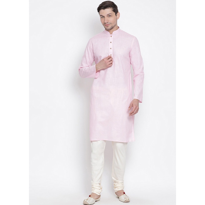 2 Pc Pink Cotton Kurta With Beige Churidar - JD986590174