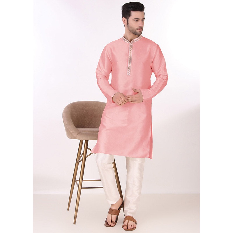 2 Pc Pink Silk Kurta Pajama Set - JD986590152