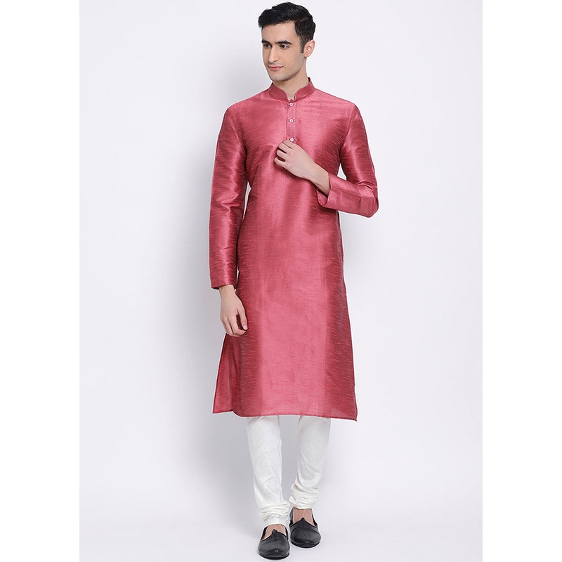 2 Pc Pink Solid Silk Kurta Pajama Set - JD986590091