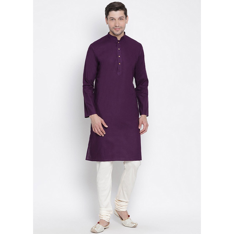 2 Pc Purple Cotton Kurta With Beige Churidar - JD986590176